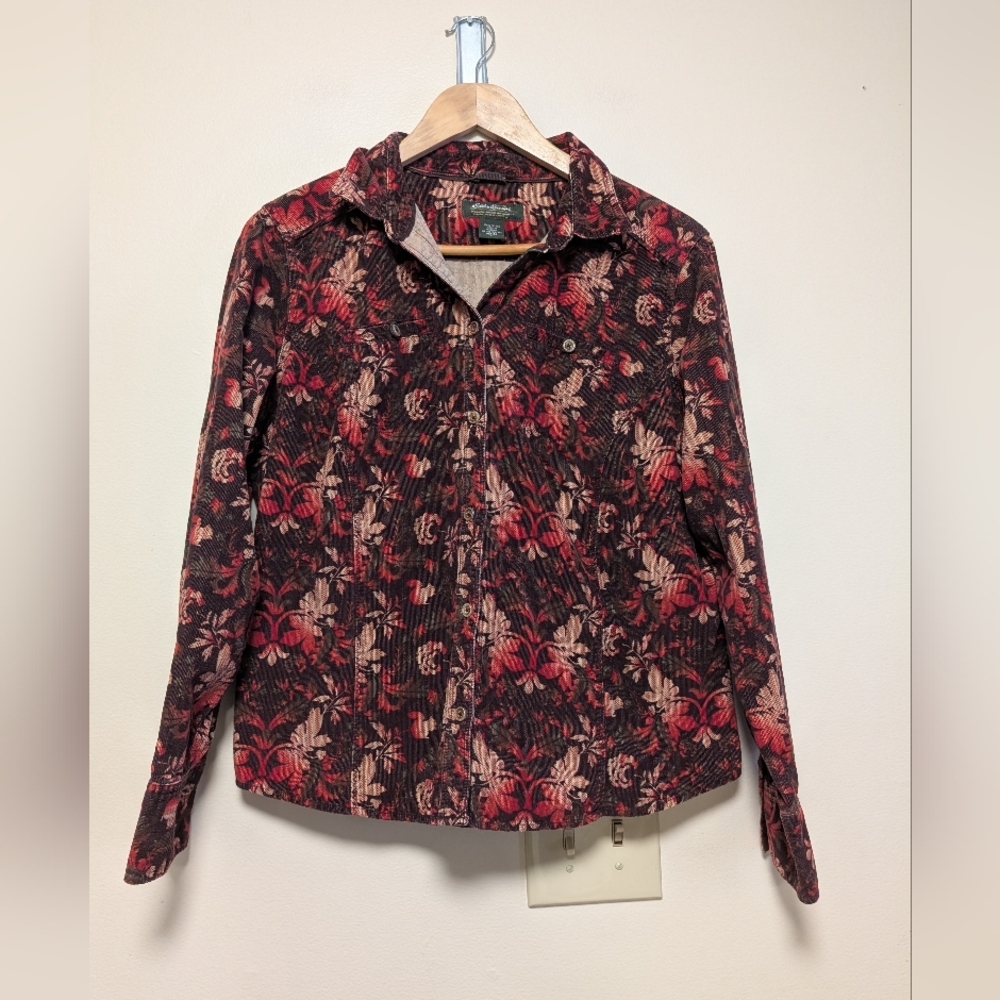 Eddie Bauer Petite Floral Corduroy Button-Up Shirt Jacket – Size L (Petite) Fall